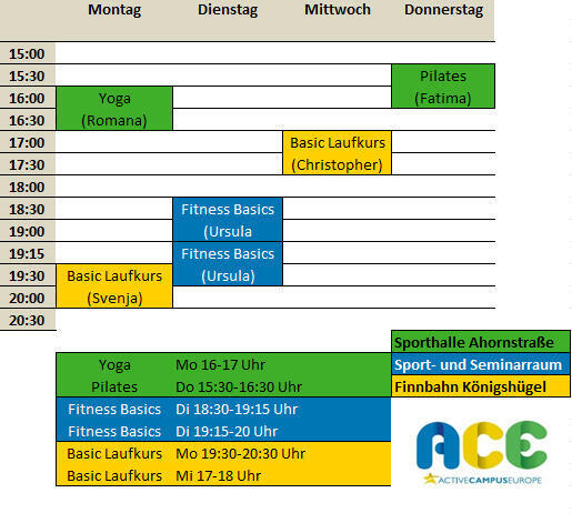 Übersicht der Sportangebote (Hierbei kann es noch zu Änderungen kommen)