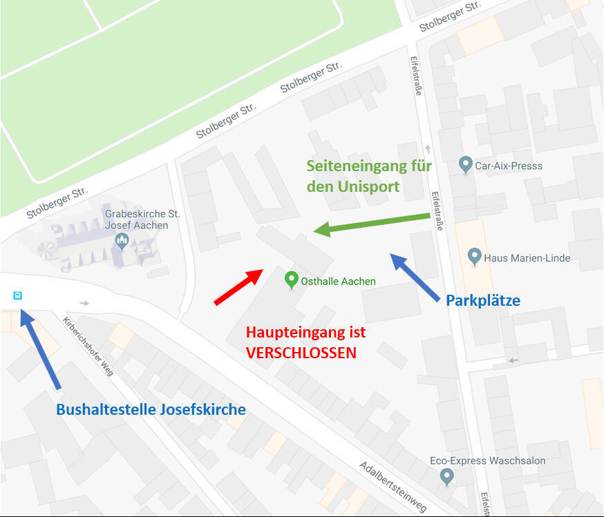 Karte mit Pfeil auf Seiteneingang der Halle. Haupteingang ist geschlossen!