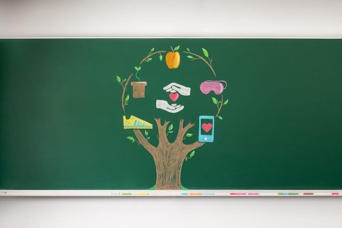 Baum auf Tafel mit Kreide gemalt, mit Symbolen für Gesundheit als Früchte