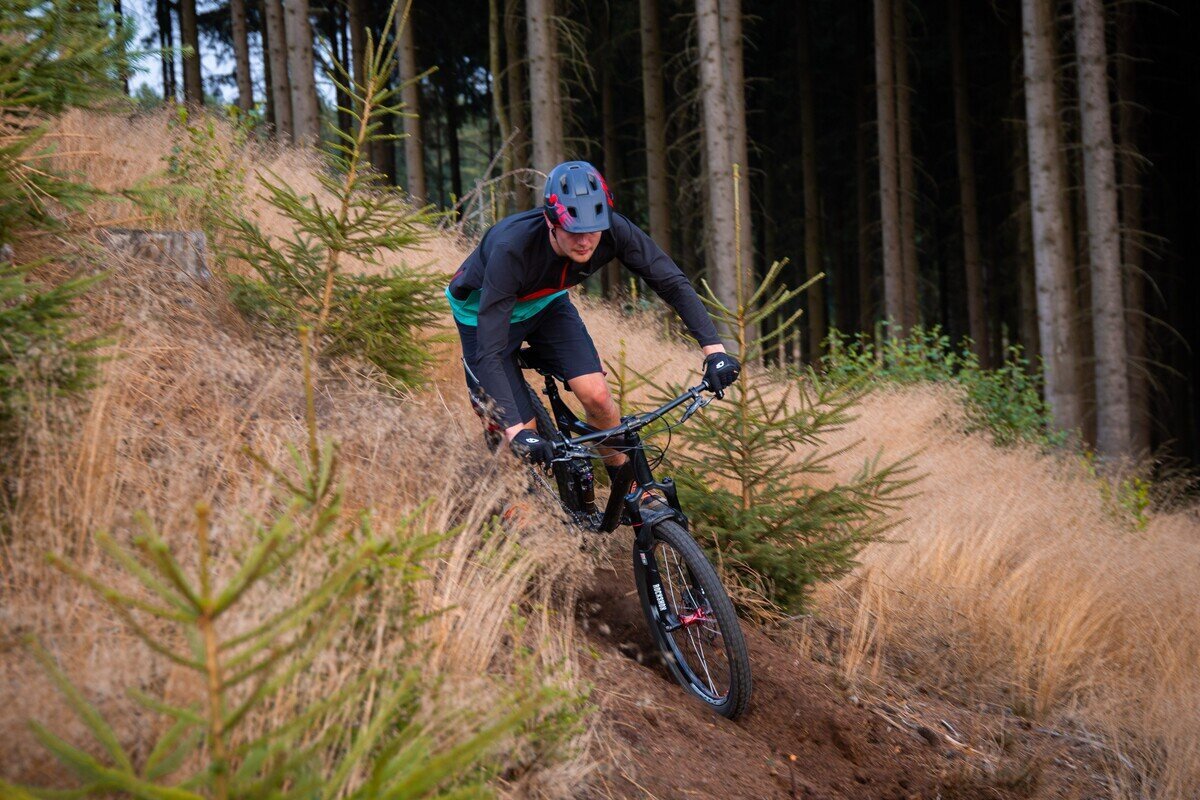 Mountainbiker fährt bergab